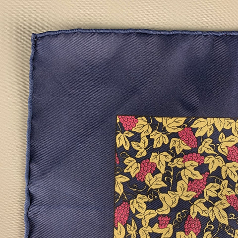 HERMES Navy Purple Grapes Silk Twill Pocket Square