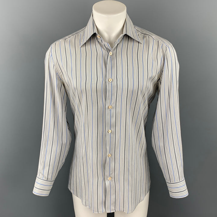 VALENTINO Size M Grey & Blue Stripe Silk Button Up Long Sleeve Shirt