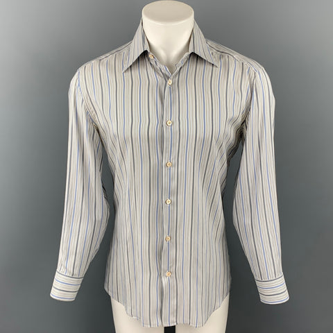 VALENTINO Size M Grey & Blue Stripe Silk Button Up Long Sleeve Shirt