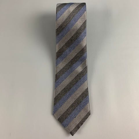 BRIONI Grey Charcoal Diagonal Stripe Silk Tie