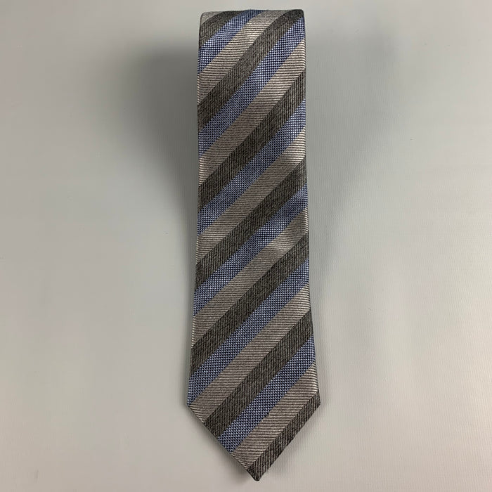 BRIONI Grey Charcoal Diagonal Stripe Silk Tie