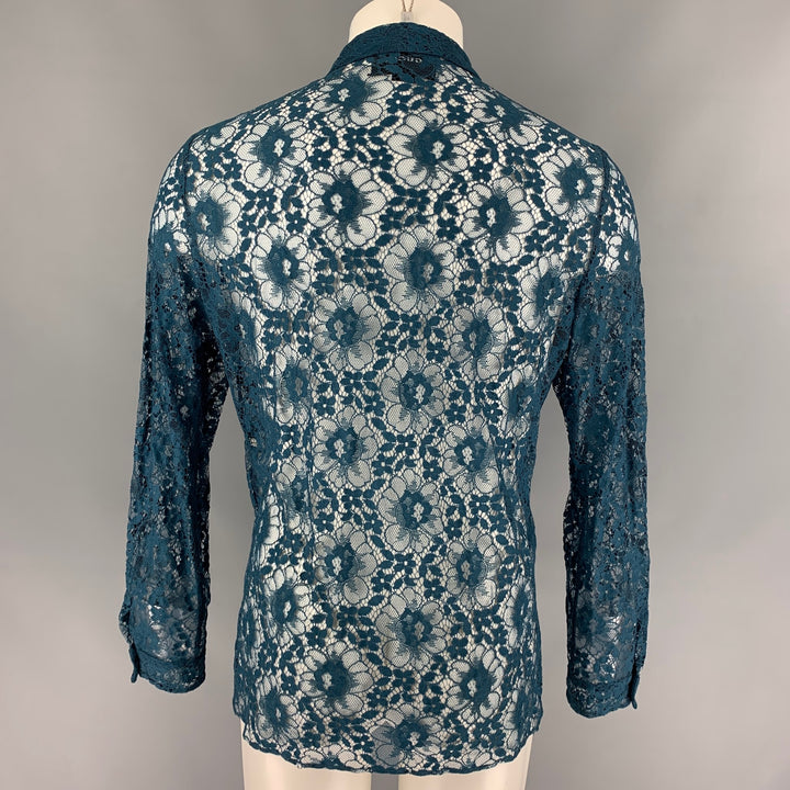 GUCCI S/S 16 Size L Teal Sheer Lace Embroidered Polyamide Blend Long Sleeve Shirt