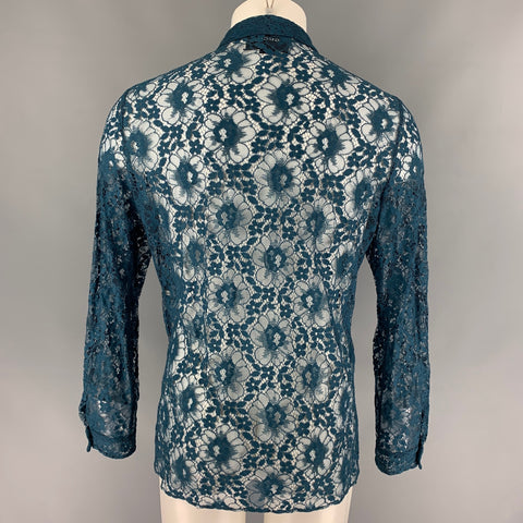 GUCCI S/S 16 Size L Teal Sheer Lace Embroidered Polyamide Blend Long Sleeve Shirt