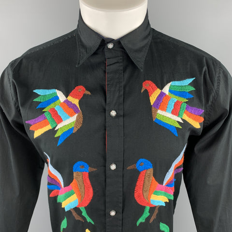 Camisa de manga larga con ribete de rayas y botones de algodón bordado negro talla S PERSONALIZADA