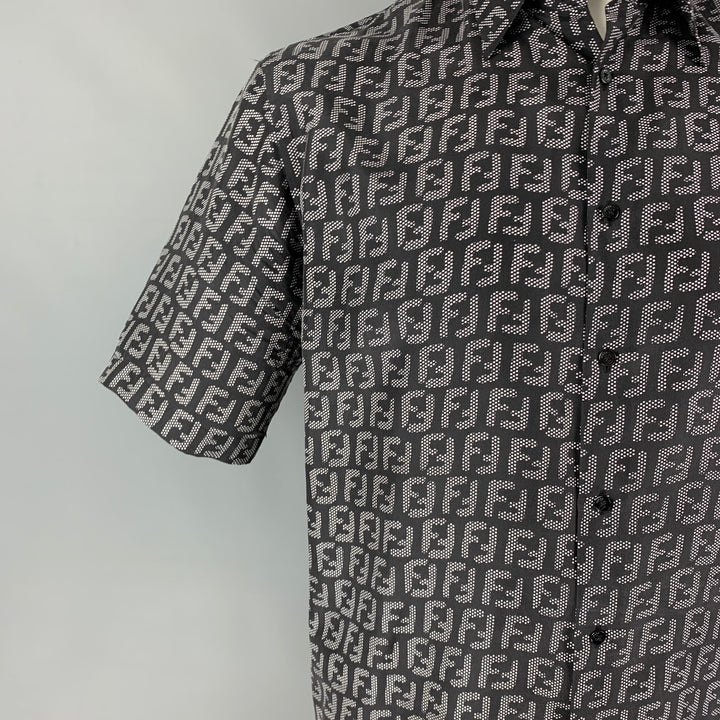 FENDI Size M Black White Logo Silk Button Down Short Sleeve Shirt