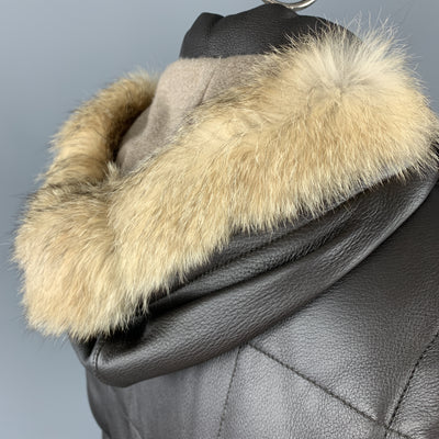 LORO PIANA Size L Brown Quilted Leather Zip Off Sleeve Fox Fur Hood Jacket