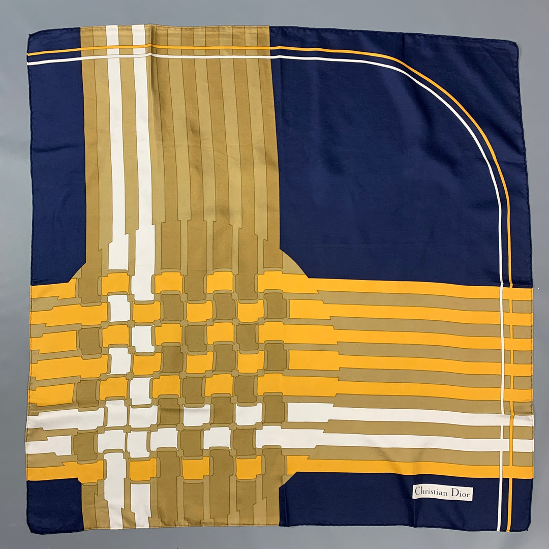 CHRISTIAN DIOR Bufanda de sarga de seda geométrica color topo azul marino y dorado