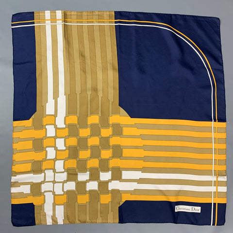 CHRISTIAN DIOR Navy & Gold Taupe Geometric Silk Twill Scarf