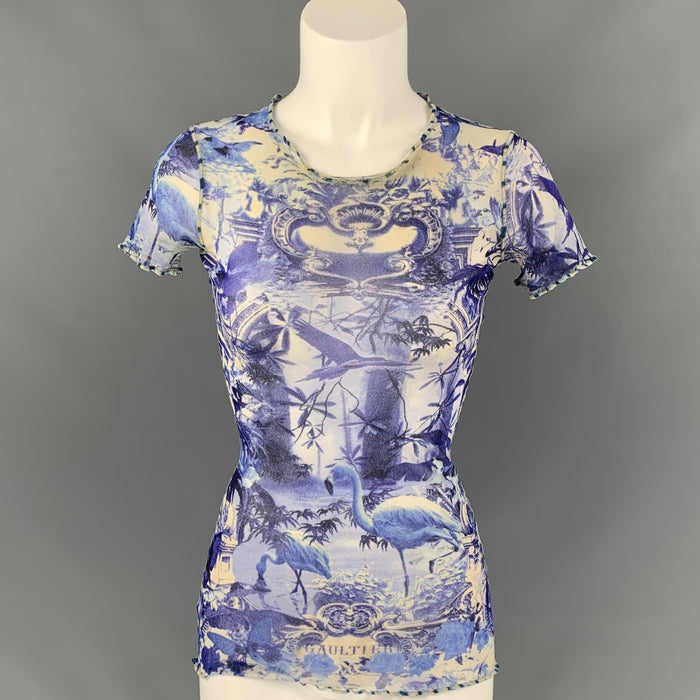 JEAN PAUL GAULTIER Size S Blue & White Polyamide See Through Tapestry Blouse