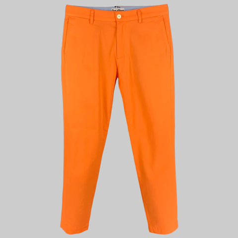 A pair of orange cotton zip fly dress pants displayed on a plain background.