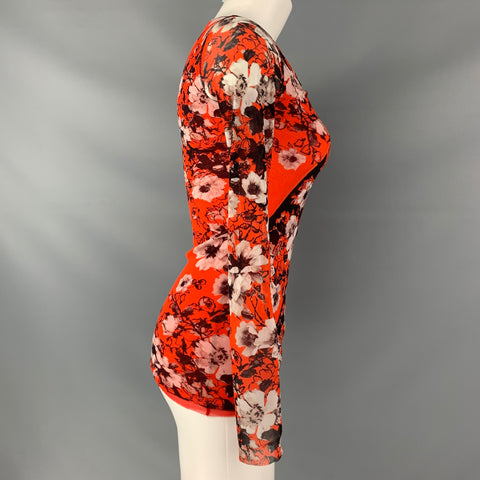 JEAN PAUL GAULTIER SOLEIL Size S Orange & White Nylon Floral V-Neck Blouse