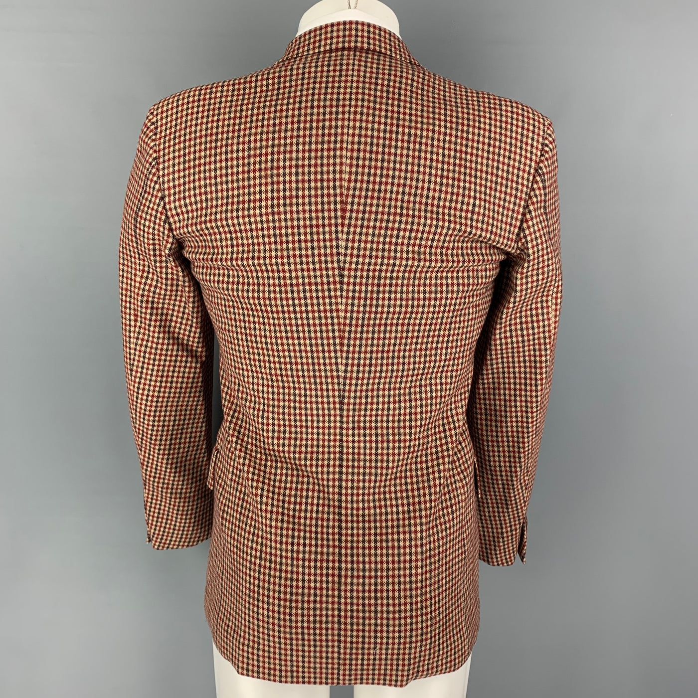 Vintage VALENTINO Size 34 Tan Burgundy Brown Plaid Wool Notch Lapel Sport Coat