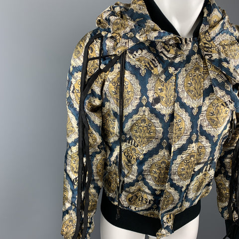 JOHN GALLIANO Size 36 Gold & Teal Newspaper Print Silk Bomber Jacket