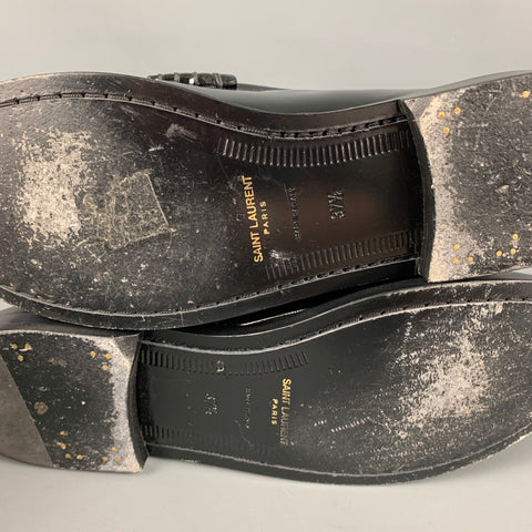 SAINT LAURENT Talla 7.5 Mocasines Penny con monograma de charol negro