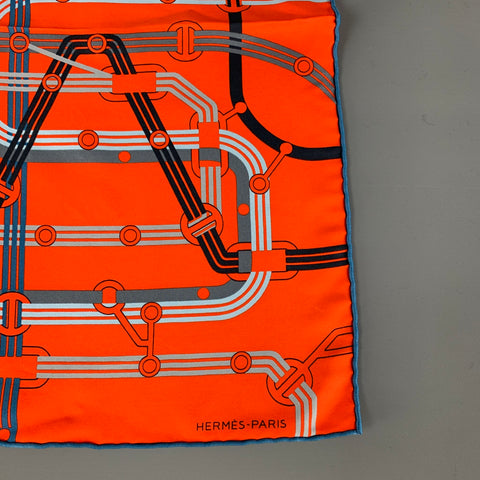 HERMES Orange Blue Equestrian Silk Pocket Square