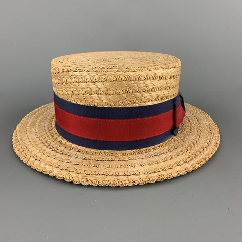 HERBERT JOHNSON Size 7 1/8 Straw Woven Red & Navy Grosgrain Boater Hat
