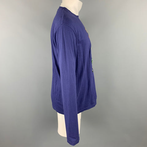 WALTER VAN BEIRENDONCK Size XL Navy Cotton Hologram Patch Long Sleeve T-shirt