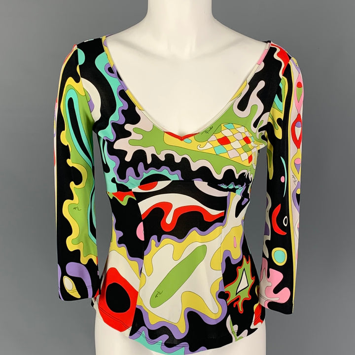 EMILIO PUCCI Size 6 Multi-Color Rayon Abstract Long Sleeve Dress Top