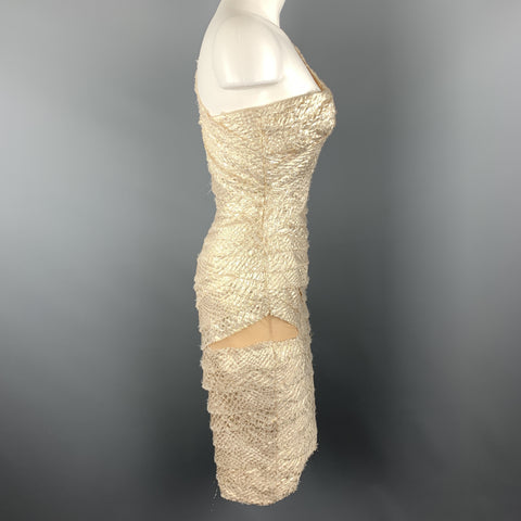 REEM ACRA Size 2 Metallic Gold & Silver Layered Jacquard One Shoulder Cocktail Dress