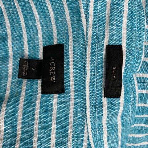J CREW Size S Teal Stripe Linen Slim Fit Long Sleeve Shirt