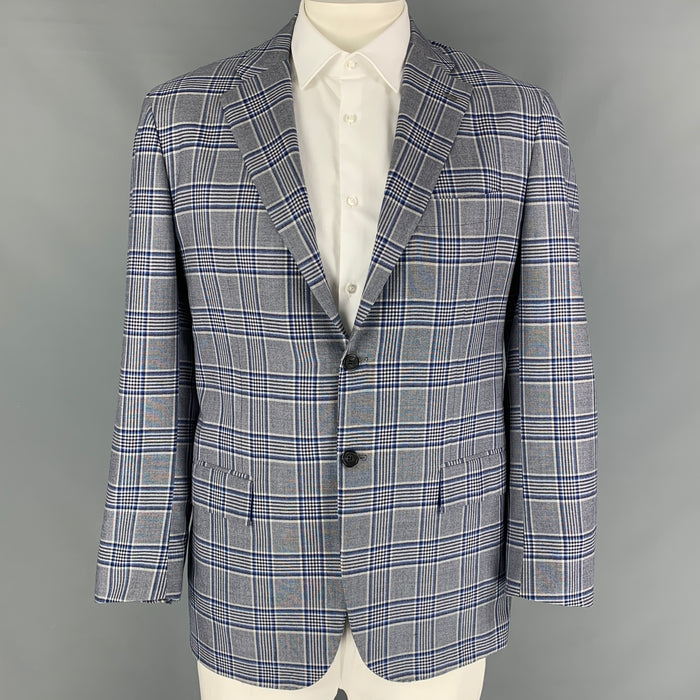 KITON Size 44 Blue Black White Plaid Cashmere Notch Lapel Sport Coat