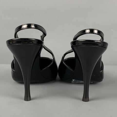 SAINT LAURENT Talla 7.5 Zapatos de tacón Vesper con tira trasera en charol negro y plateado