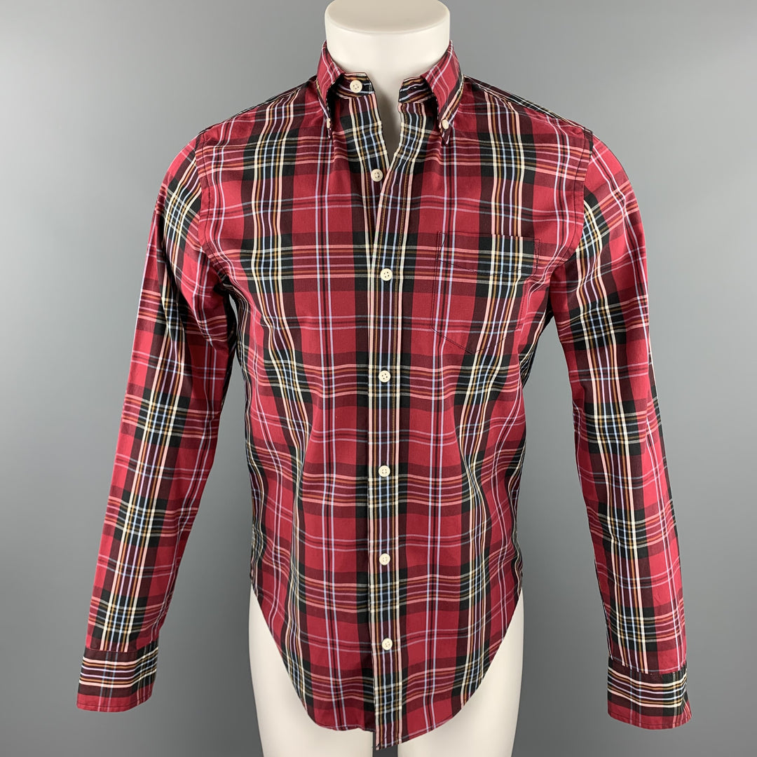 CLUB MONACO Talla XS Camisa de manga larga con botones de algodón a cuadros rojos