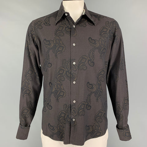 TED BAKER Camisa de manga larga con botones de algodón paisley marrón talla L