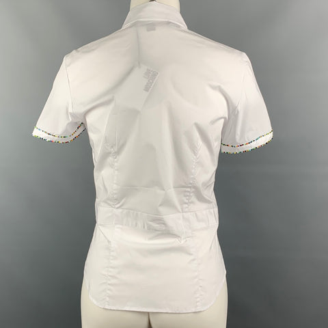 LOVE MOSCHINO Size 6 White Cotton / Elastane Buttoned Tie-belt Beads Blouse