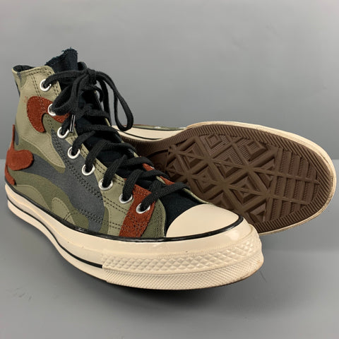 CONVERSE Size 10.5 Green Orange Camo Canvas High Top Sneakers
