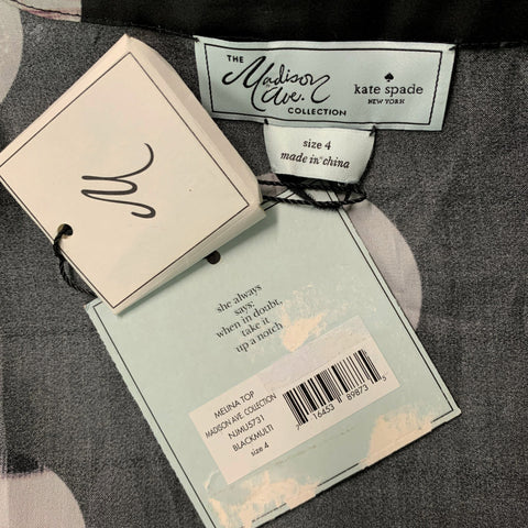 KATE SPADE Talla 4 Blusa con lazo estampado en blanco y negro