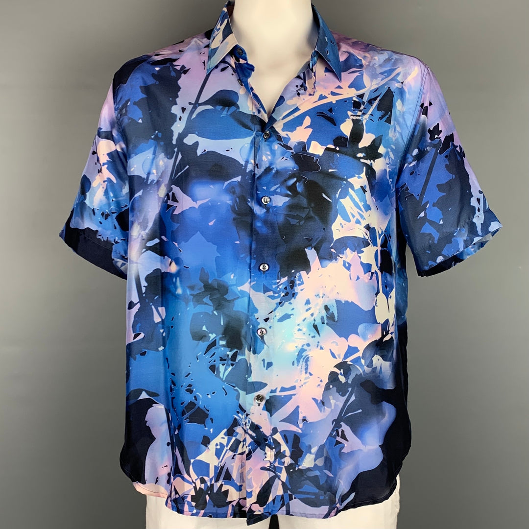 BRIONI Talla XXL Camisa de manga corta de seda floral abstracta blanca azul y violeta