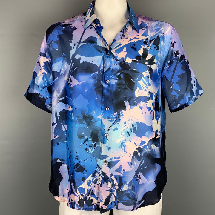 BRIONI Talla XXL Camisa de manga corta de seda floral abstracta blanca azul y violeta