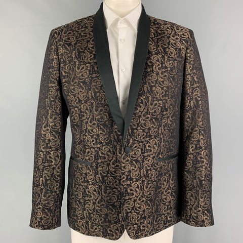 ROBERTO CAVALLI Size 46 Black Gold Jacquard Shawl Collar Sport Coat