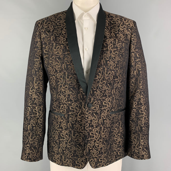 ROBERTO CAVALLI Size 46 Black Gold Jacquard Shawl Collar Sport Coat