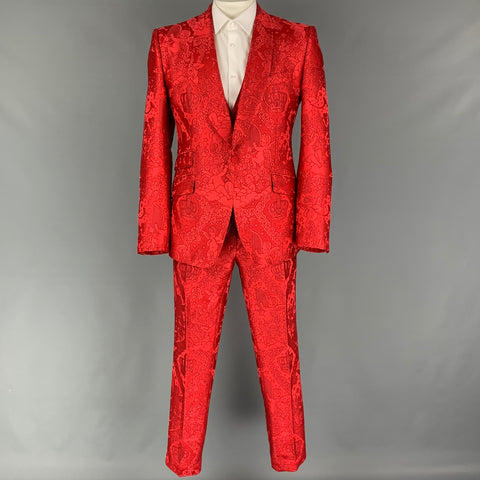 DOLCE & GABBANA Sicilia Size 44 Regular Red Jacquard Polyester Notch Lapel 3 Piece Suit