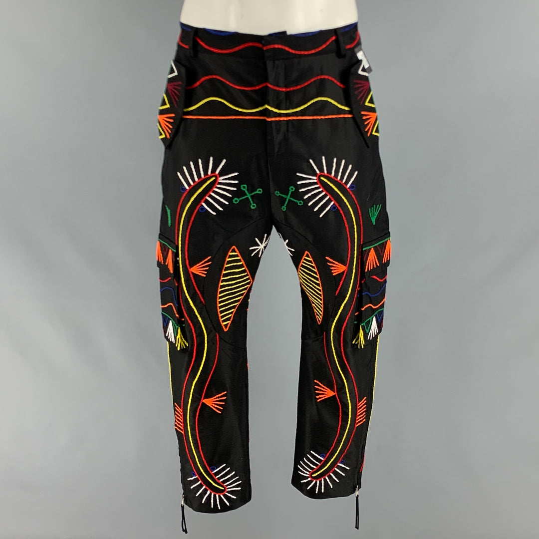 PRABAL GURUNG Size 34 Black Multi-Color Embroidery Cropped Casual Pants