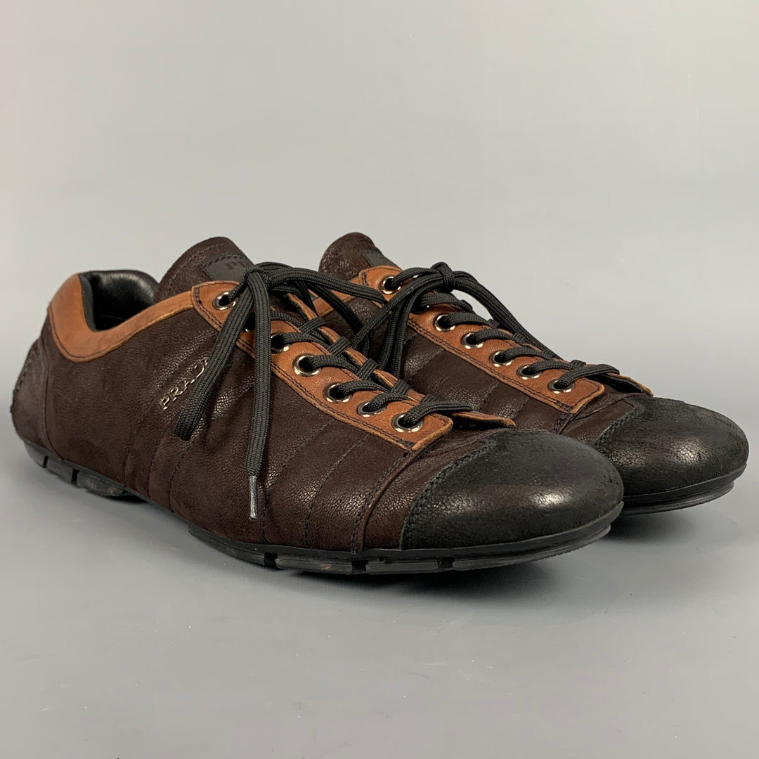 PRADA Size 12 Brown & Tan Quilted Leather Lace Up Shoes