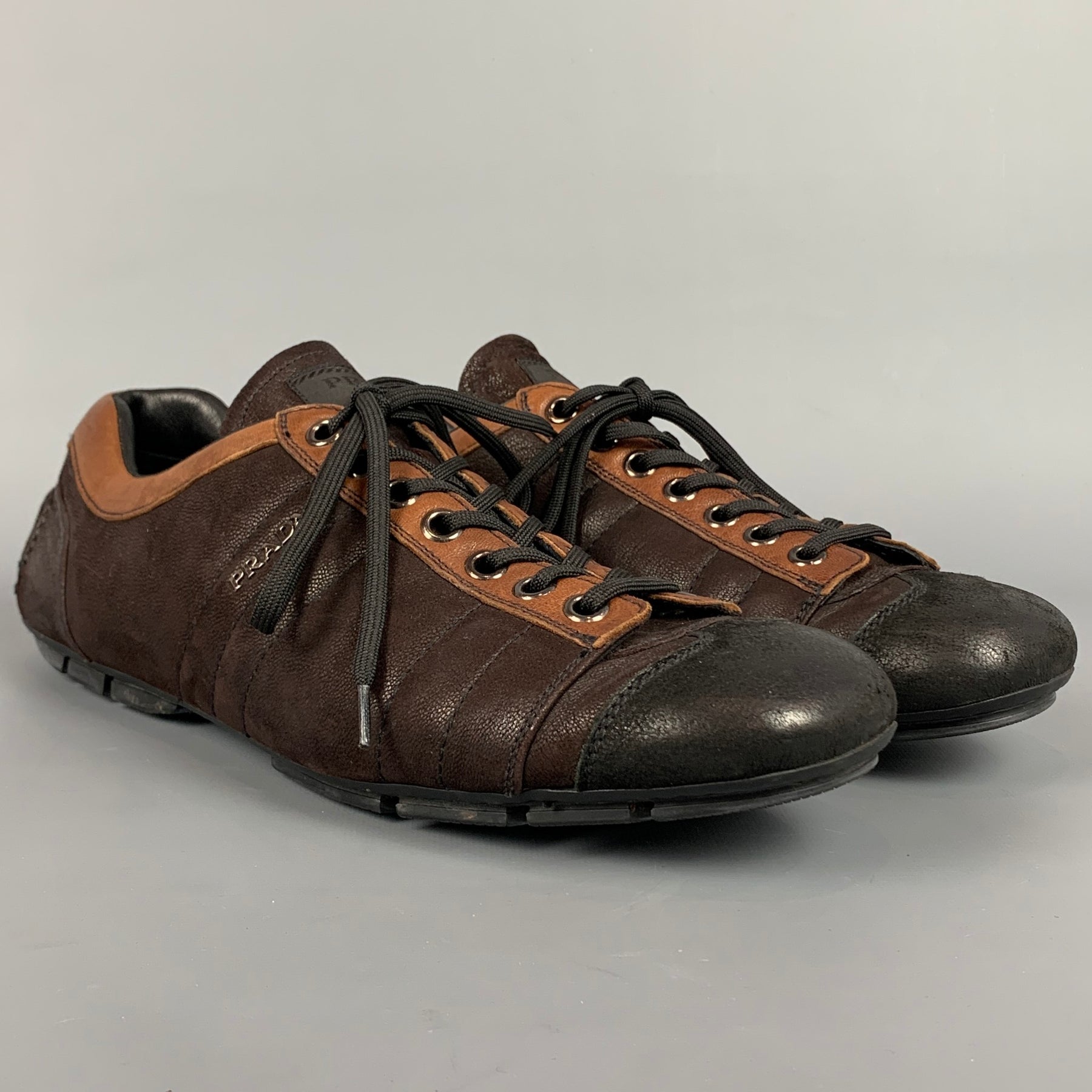 PRADA Size 12 Brown & Tan Quilted Leather Lace Up Shoes – Sui