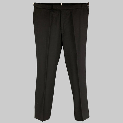 Black virgin wool dress pants with side tabs and a flat front, displayed on a plain background.
