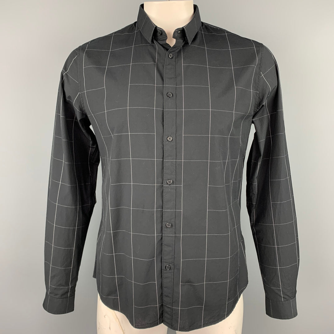 IKKS Size L Black Grid Cotton Button Up Slim Long Sleeve Shirt