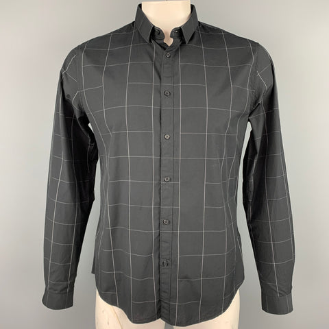 IKKS Size L Black Grid Cotton Button Up Slim Long Sleeve Shirt