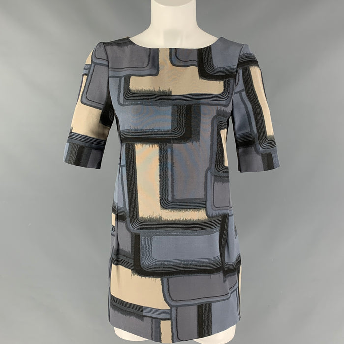 MARNI Size 2 Blue and Beige Cotton & Silk Color Block Short Sleeve Mini Dress