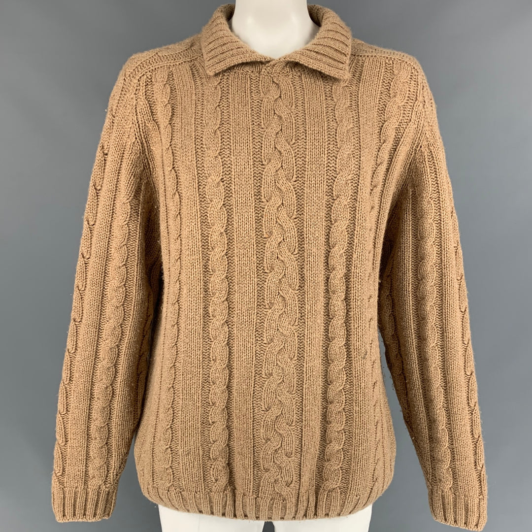 BURBERRY LONDON Size XL Camel Cable Knit Camel Hair Sweater