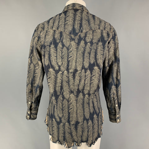 KAPITAL Size L Indigo Grey Feathers Cotton Raw Edge Long Sleeve Shirt