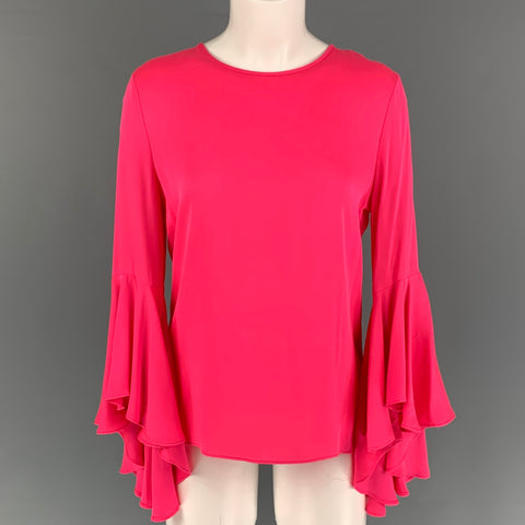 MILLY Size S Pink Silk Crew-Neck Bell Sleeves Blouse