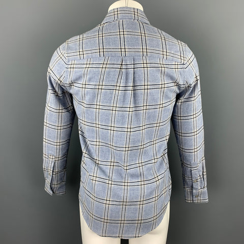 WELCOME STRANGER Size S Light Blue Window Pane Cotton / Wool Long Sleeve Shirt