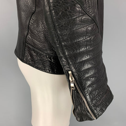 BALMAIN Taille 42 Veste de moto en cuir texturé noir à double fermeture éclair ouverte sur le devant