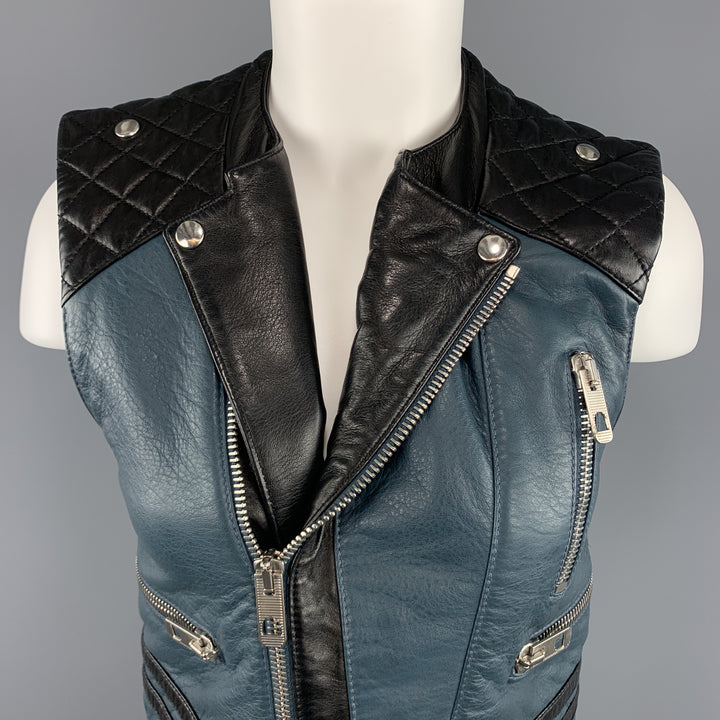 BALENCIAGA Size 8 Black & Teal Blue Quilted Leather Biker Vest