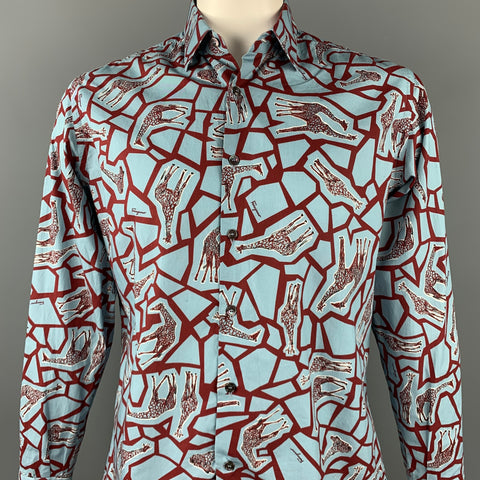 SALVATORE FERRAGAMO Size L Blue & Burgundy Giraffe Print Cotton Long Sleeve Shirt